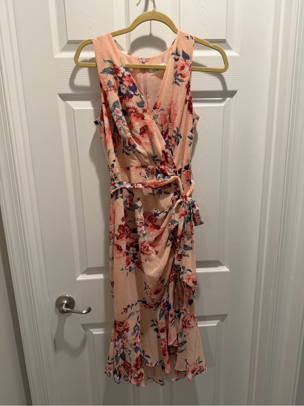 Floral Pink Wrap Midi Dress with Tie Waist